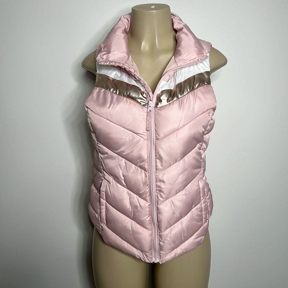 Authentic American Heritage small puffer vest in pink with silver and white